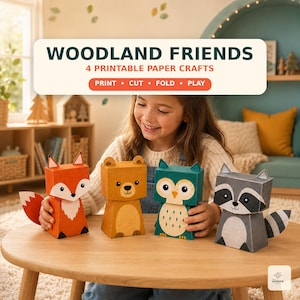 May include: Four paper craft figures featuring a fox, bear, owl, and raccoon. The text reads WOODLAND FRIENDS 4 PRINTABLE PAPER CRAFTS PRINT CUT FOLD PLAY. Each animal is constructed from folded paper with distinct colors and facial features.