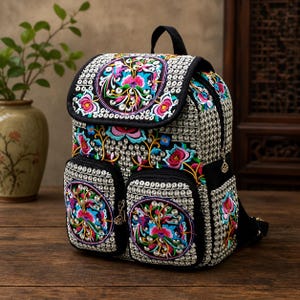 Vintage Floral Embroidered Canvas Backpack | Boho Hippie Rucksack | Unisex Multi Pocket Travel Bag