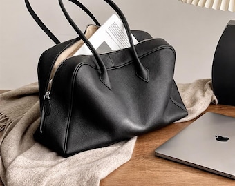 Bolso Boston unisex de piel de vacuno / Bolso de hombro tipo tote con almohada, bolso de mano minimalista para viajes