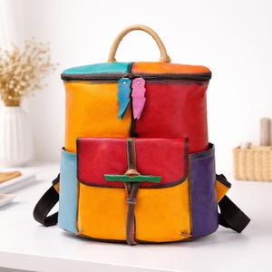 Retro Colourful Cowhide Leather Hippie Boho Multi Pockets Backpack