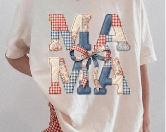 Patriotic Mama Shirt Patchwork USA Flag Bow Tee Fourth of July Mom Gift Americana Vintage Mom Tee Cute Summer Shirt