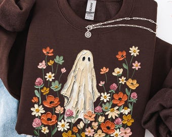 Sudadera de fantasma de Halloween, sudadera de cuello redondo de Halloween con flores silvestres, suéter de flores otoñales espeluznantes con pinceladas, camiseta de Halloween estilo cottagecore, fantasma bohemio
