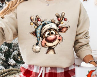 Sudadera vintage de reno, sudadera navideña adorable, sudadera con capucha retro de reno, sudadera de Feliz Navidad, sudadera navideña de reno