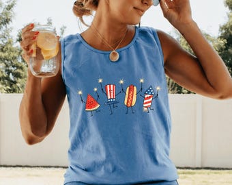 Comfort Colors® Patriotic Doodle Tank Top, Cute Fourth of July Tank, Watermelon Hotdog Firework Tank Top, Funny Summer 250th Tank Top