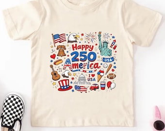 Happy 250 Kids T-Shirt, 1776-2026 USA 250th Anniversary Shirt, Kids Doodle Patriotic USA Tee, 250 Years of Independence Top