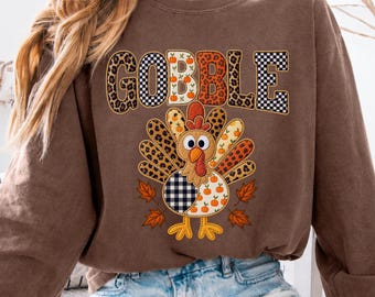 Camiseta de manga larga Comfort Colors Patchwork con estampado de pavo de Acción de Gracias, camiseta gráfica de pavo con estampado de leopardo y cuadros, camiseta acogedora de otoño.