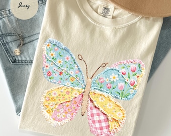 Comfort Colors® Faux Patchwork Butterfly Shirt, Floral Spring Patchwork, Spring Butterfly Shirts, Easter Shirts for Women, Gifts for Her