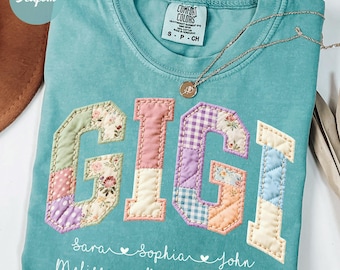 Comfort Colors® Personalized Gigi Faux Patchwork Shirt With Kids Names, Floral Gigi Shirt Personalized, Mothers Day Gift Shirt For Gigi