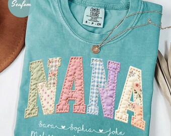 Comfort Colors® Personalized Nana Faux Patchwork Shirt With Kids Names, Floral Nana Shirt Personalized, Mothers Day Gift Shirt For Nana