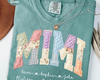 Comfort Colors® Personalized Mimi Faux Patchwork Shirt With Kids Names, Floral Mimi Shirt Personalized, Mothers Day Gift Shirt For Mimi