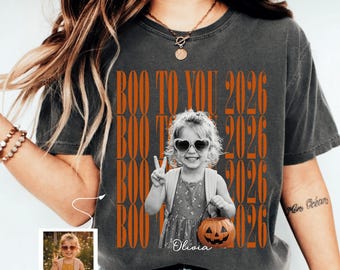 Custom Halloween Photo Shirt, Personalized Vintage Washed Tee, Upload Kid Photo & Name, Custom Halloween Gift, Spooky Season Family Tee