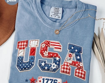 Comfort Colors© Floral Faux Patchwork USA Shirt, Fourth of July Shirt, 4th of July Tee, Patriotic Women Shirt, USA Est 1776 Shirt