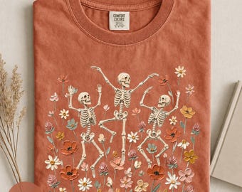 Comfort Colors® Dancing Skeleton Fall Shirt, Cute Floral Skeleton Graphic Tee, Spooky Season Halloween T-Shirt, Gift for Fall Lovers