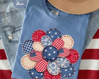 Vintage Patriotic Patchwork Flower Shirt, 4th Of July Floral Tee, Americana Quilt Style Shirt, Boho USA Shirt, Summer Holiday Graphic Tee