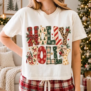 Comfort Colors Patchwork Holly Jolly Christmas Boxy Tee, Patchwork Christmas Boxy Tee, Distressed Coquette Christmas Shirt, Christmas Boxy