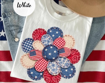 Vintage Patriotic Faux Patchwork Flower Shirt,4th Of July Floral Tee,Americana Quilt Style Shirt, Boho USA Shirt, Summer Holiday Graphic Tee
