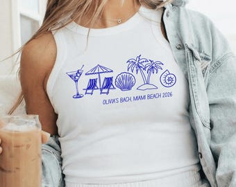 Custom Beach Bachelorette Shirt, Coastal Bride Trip Tee, Bikini Shell Cocktail Party Shirt, Women Micro Rib Racer Tank