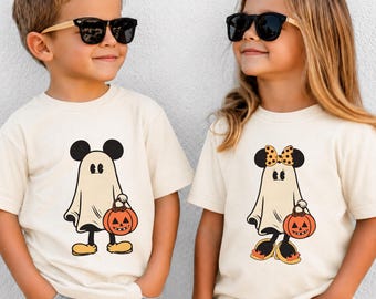 Retro Mickey and Minnie Mouse Halloween Kids Matching Shirt, Mickey Ghost Shirt, Minnie Ghost Shirt, Spooky Season Shirt, Kids Halloween Tee