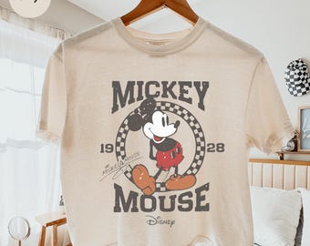 Comfort Colors® Vintage Mickey Mouse Checkered Boxy Tee, Retro Disney Mickey 1928 Tee, Disney Trip Crop Shirt, Checkered Mickey Top