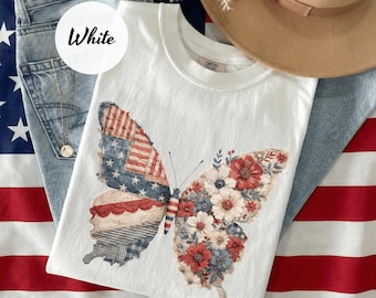 Comfort Colors® Faux Patriotic Butterfly Shirt, American Flag Butterfly Tee, 4th Of July Shirt, Independence Day Gift, Gift for Her