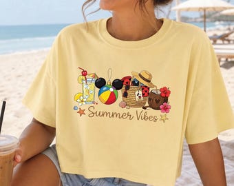 Comfort Colors Disney Mickey Summer Vibes Boxy Tee ,Disney Beach Vacation Shirt, Summer Trip Shirt, Disney Family Summer Boxy Tee