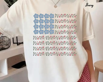 Floral USA Flag Comfort Colors Shirt, Floral American Flag Shirt, Womens USA Shirt, 4th of July USA Shirt,Patriotic Gift