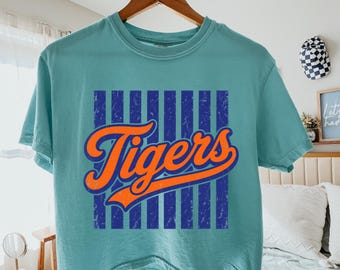 Comfort Colors® Tigers Boxy Tee, Retro Game Day Custom Shirt, Blue Orange Striped Team Tee, Collegiate Mascot Crop Top, Sports Fan Shirt