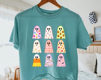 Cute Ghost Boxy Tee,Pastel Patterned Ghosts Boxy Tee, Cute Halloween Shirt, Sumerween Aesthetic Top, Spooky Season Shirt