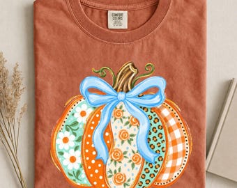 Comfort Colors® Preppy Coquette Pumpkin Shirt, Floral Leopard Plaid Polka Dot Pumpkin Shirt, Cozy Autumn Tee,Glitter Pumpkin T-Shirt