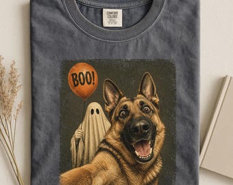 Camiseta Comfort Colors de pastor alemán para Halloween, camiseta de perro con selfie de fantasma, camiseta vintage divertida de Halloween para perros.