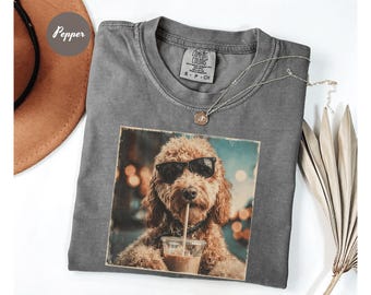 Comfort Colors® Cute Goldendoodle Drinking Iced Coffee T-Shirt, Dog Lover Gift, Coffee Dog Shirt, Pet Owner Gift