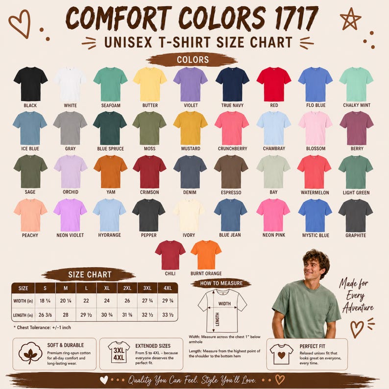 May include: A Comfort Colors 1717 unisex t-shirt size chart featuring a grid of 42 color swatches with names, a size chart table with width and length measurements in inches, a diagram showing how to measure, and a person wearing a green t-shirt.