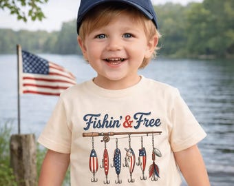 Kids Fishin And Free Lure T-Shirt , 4th Of July Patriotic Fishing KidsTee , Patriotic Fish Kids Shirt