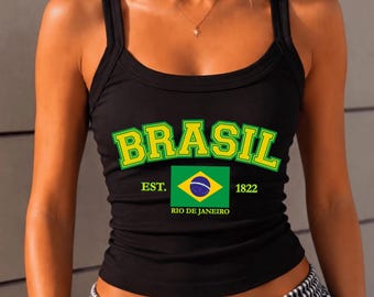 Bella Canvas Brasil Soccer Spaghetti Strap Tank Top, Retro Brasil Football Fan Tank, Brasil Women’s Crop Top