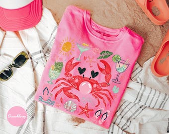 Comfort Colors Funny Crab Shirt, Crab Blowing Bubble Graphic Tee, Beach Vibes Nautical T-shirt, Summer Vacation Gift, Graphic Summer Shirt