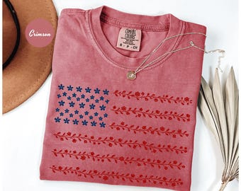 Floral American Flag Comfort Colors® Shirt, 4th of July USA Flag Shirt,Independence Day Shirt, Patriotic Shirt, American Gift Tee