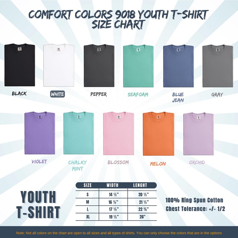 May include: A size chart for Comfort Colors 9018 youth t-shirts. The chart displays various t-shirt colours, including black, white, pepper, seafoam, blue jean, grey, violet, chalky mint, blossom, melon, and orchid. The chart includes size, width, and length measurements in inches.