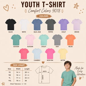 May include: A color chart for Comfort Colors 9018 youth t-shirts displaying sixteen solid color options including black, white, blue jean, pepper, violet, orchid, seafoam, blossom, chalky, gray, melon, crunchberry, chambray, neon pink, and butter.