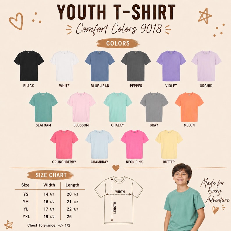 May include: A color chart for Comfort Colors 9018 youth t-shirts displaying sixteen solid color options including black, white, blue jean, pepper, violet, orchid, seafoam, blossom, chalky, gray, melon, crunchberry, chambray, neon pink, and butter.
