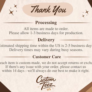 May include: A tan and brown graphic with the words "Thank You" in a script font. The text below details processing, delivery, and customer care information. The Custom Teez US logo is at the bottom.