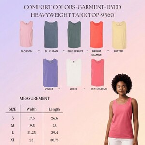 May include: A display of Comfort Colors garment-dyed heavyweight tank tops in various colors, including Blossom, Blue Jean, and Bright Salmon. Measurements are provided in inches for sizes S, M, L, and XL. A woman is wearing a pink tank top.