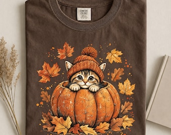 Camiseta Comfort Colors para otoño con diseño de gato, top adorable para amantes de los gatos otoñales, camiseta de calabaza con gatito, camiseta acogedora para la temporada, regalo de Acción de Gracias, ropa estilo cottagecore con diseño de gato.