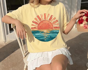 Comfort Colors Vintage Sunset Beach Shirt,Colorful Summer Graphic Tee, Coastal Vacation Shirt,Cute Travel Tee, Only Print- Not real Painting