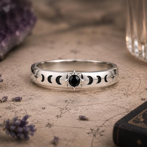 Moon Phase Ring 925 Sterling Silver, Black Onyx Celestial Ring, Gothic Witchy Stacking Ring, Celestial Gemstone Band, Gift for Her
