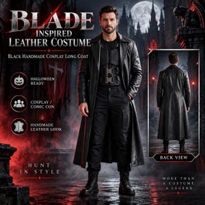 May include: A black long coat costume featuring a leather-look finish, worn over a black shirt and tactical-style vest with metallic buckles. The ensemble includes black trousers and boots, presented with front and back views in the image.