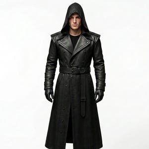 Handmade Genuine Leather Hooded Trench Coat – Gothic Cyberpunk Duster