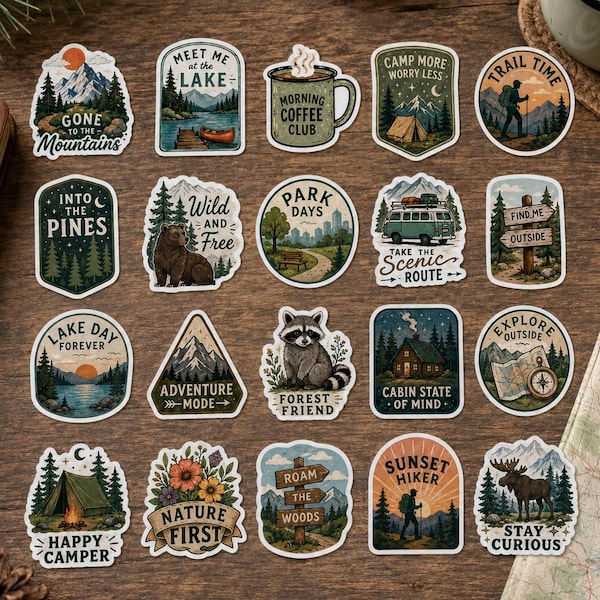 20Pcs Camping Stickers, Outdoor Nature Sticker Pack, Forest Stickers, Hiking Stickers, Adventure Stickers for Coolers, Cars, Travel Journals