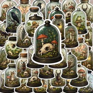 May include: A collection of stickers featuring glass cloches and jars containing various natural elements like mushrooms, animal skulls, insects, frogs, owls, and mice, all set against a light background with a dark, detailed aesthetic.