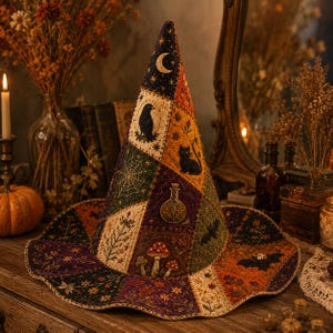 May include: A conical hat featuring a patchwork design of various fabric panels in dark colors. The panels are decorated with embroidered motifs including a crescent moon, a black cat, a raven, a spider web, a potion bottle, and mushrooms.