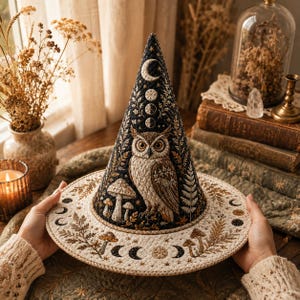 May include: A conical hat featuring intricate embroidery of a central owl, mushrooms, and celestial moon phases. The crown is black with gold and white stitching, while the wide brim is cream-colored with matching botanical and lunar patterns.